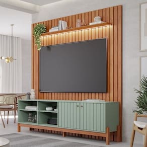 Conjunto Decorativo Bancada Holanda e Painel Maragogi com Led 180 Suspenso Mdf Cinamomo/Sálvia