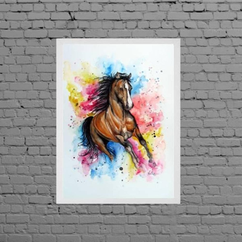 Quadro Decorativo Cavalo Aquarela 45X34Cm Moldura Branca