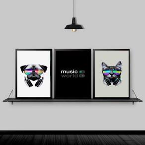 Kit 3 Quadros Cão E Gato Música 33X24 C/Vidro Madeira Preta
