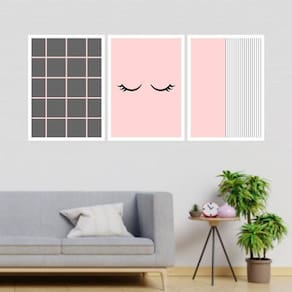 Kit 3 Quadros Cílios Listras Rosa 45X34Cm Moldura Branca