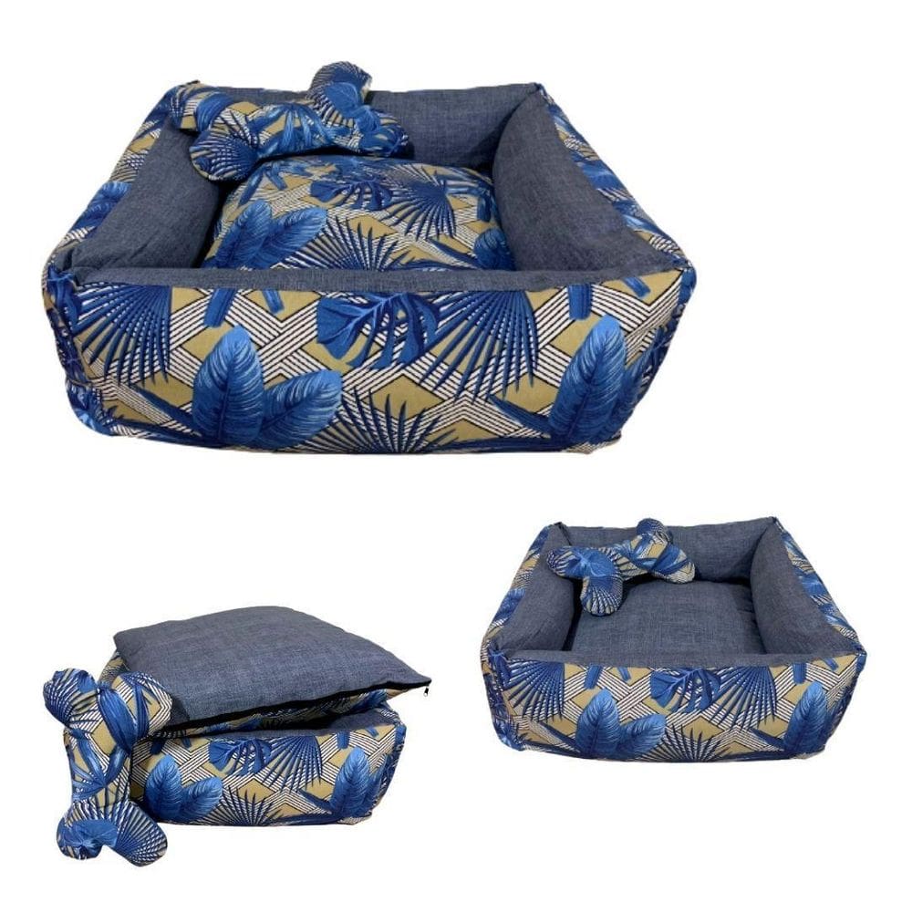 Cama Impermeável Com Travesseiro Para Cães E Gatos Azul M