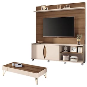 Estante Home Theater Luxor e Mesa Cadenza Castanho Off White - HB Móveis