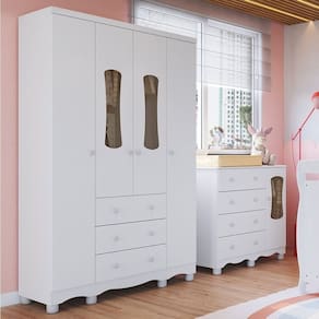Quarto Infantil com Guarda-Roupa 4 Portas e Cômoda com Janelas 100% MDF Lana Espresso Móveis Branco Brilho