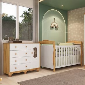 Quarto de Bebê com Cômoda Janelada e Berço Minicama 100% Mdf Aurora Espresso Móveis Branco Brilho/Amêndoa