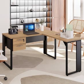 Mesa para Escritório Diretor em L com Gaveteiro Suspenso Marrom/Preto
