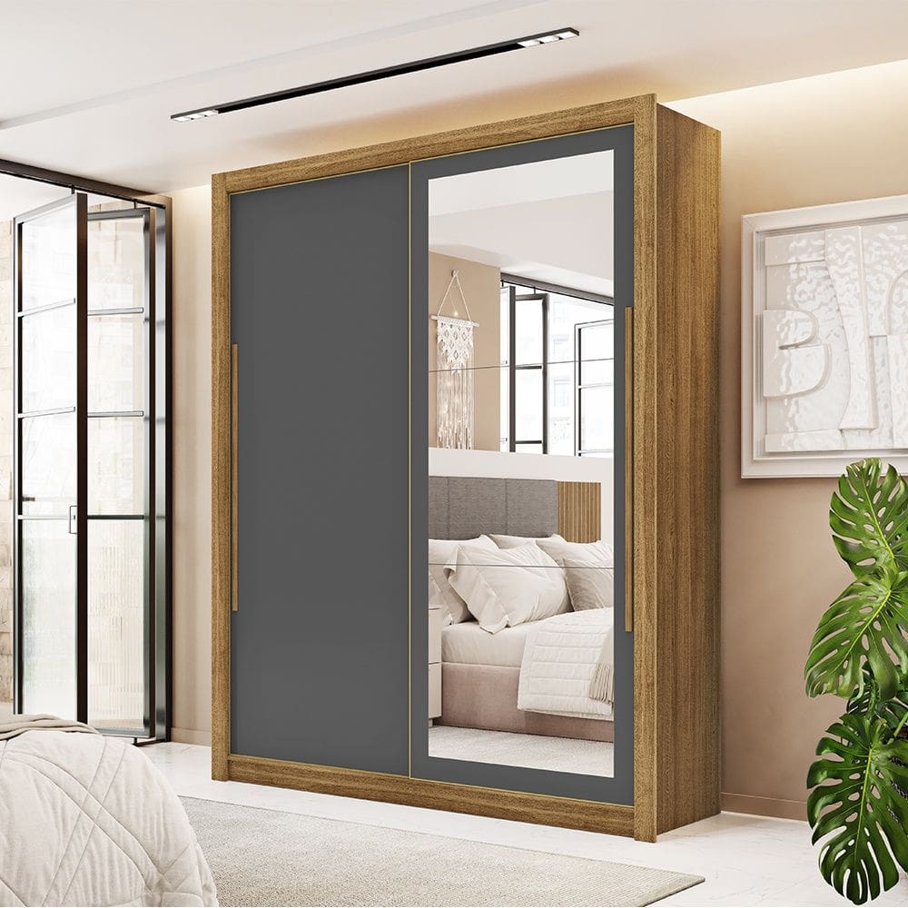 Guarda Roupa Roupeiro Casal Dubai 2 Portas de Correr com Espelho Nature Camarim Alasca Flex Vila Rica