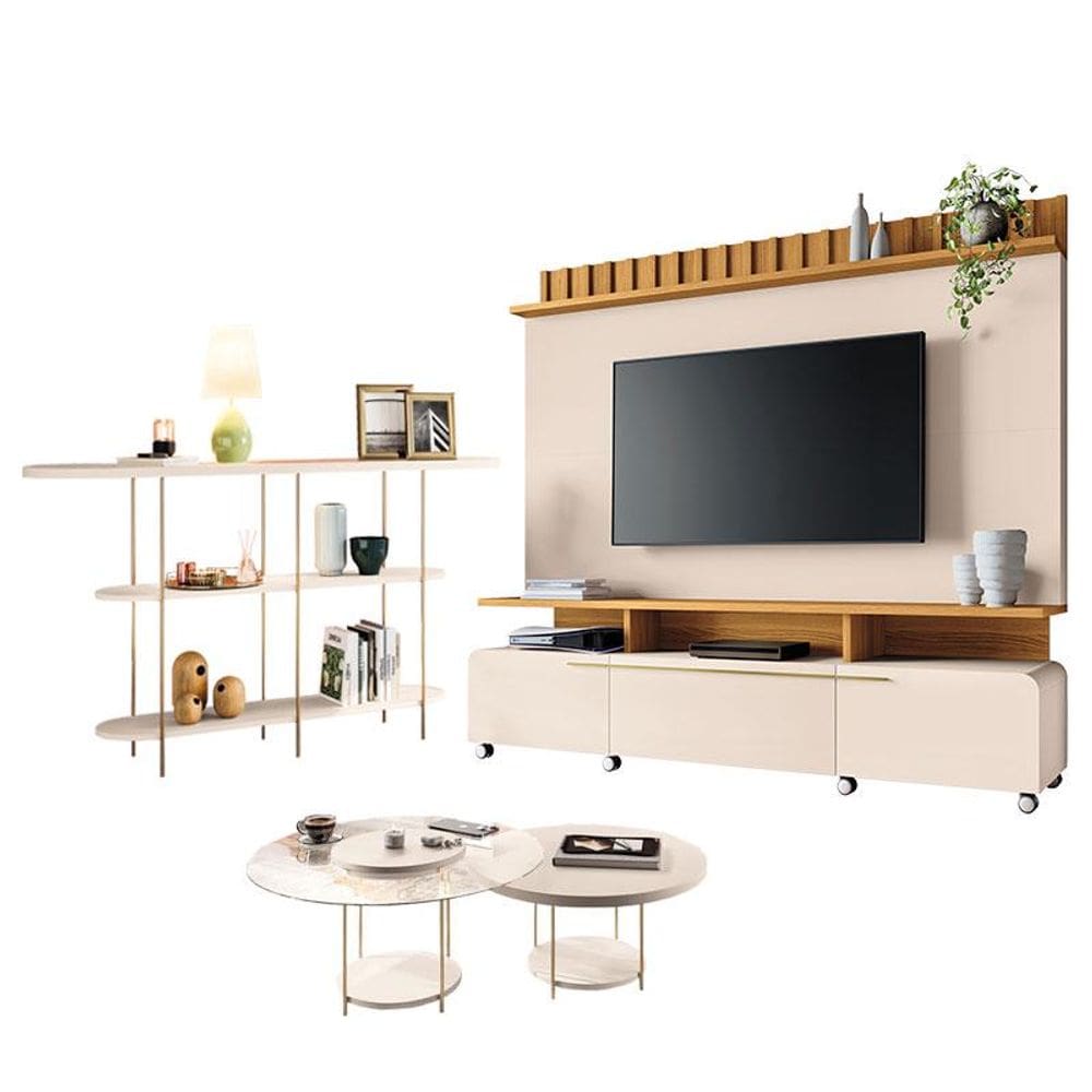 Estante Home Theater Artís Off White Cinamomo e Aparador Infinity e  Kit Mesa de centro Sky Off White – HB Móveis