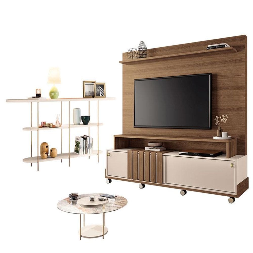 Estante Home Theater Bold Off White Castanho e Aparador Infinity e Mesa de Centro sky com Tampo de Vidro Off White - HB Móveis