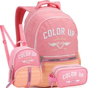 Kit Mochila De Costas 18 Color Up Lancheira Estojo Rosa