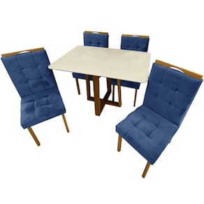 Mesa de Jantar Pedro 120x80cm em Linho com 4 Cadeiras Art Assentos Cor Off White com Assento Azul