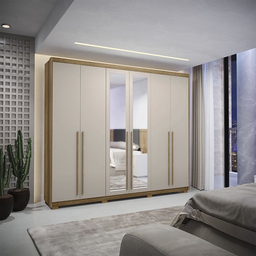 Guarda Roupa Roupeiro Casal Dubai Majestic 6 Portas 3 Gavetas com Espelho Nature Fendy Vila Rica