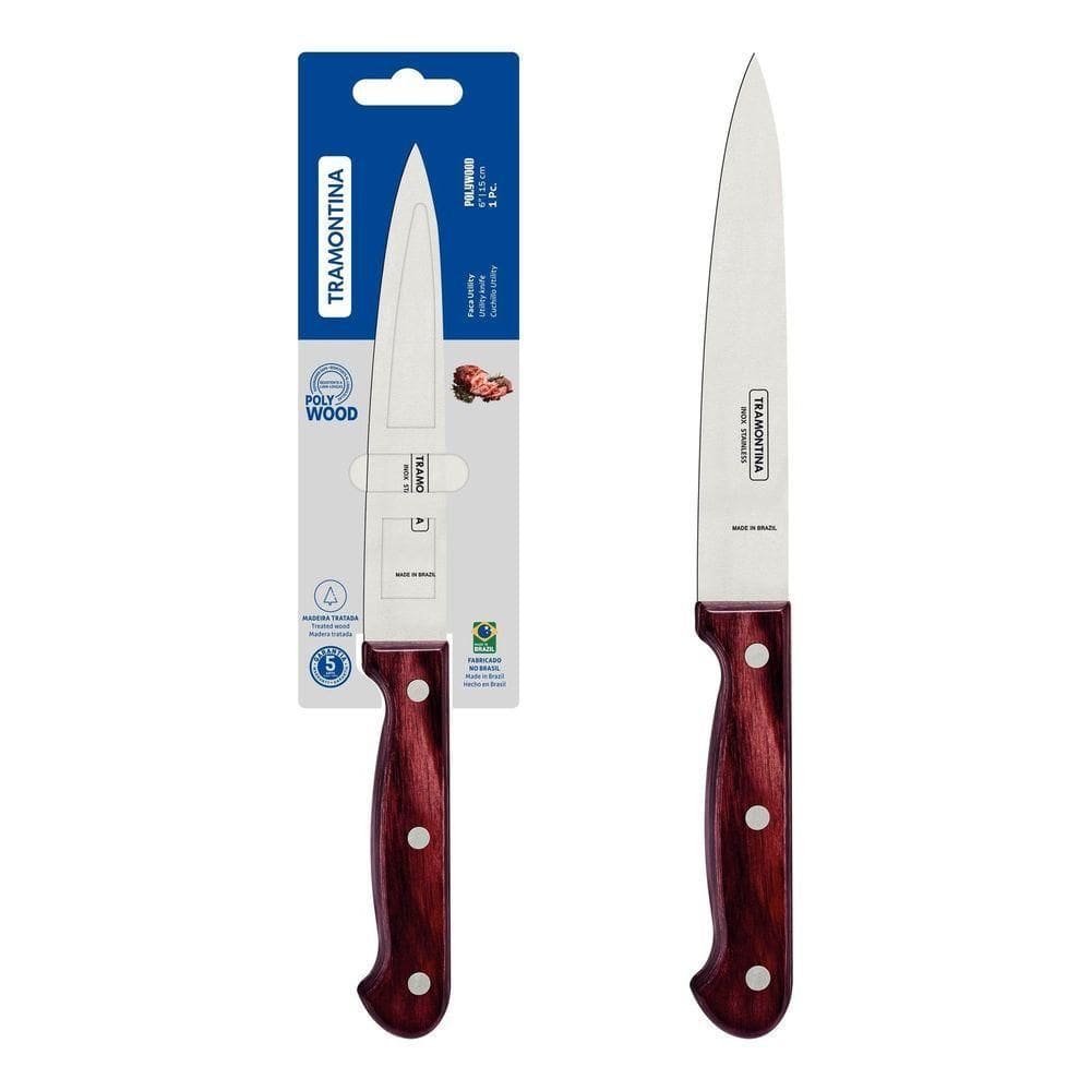 Faca Utility Tramontina Polywood Com Lâmina Em Aço Inox E Cabo De Madeira Tratada Vermelho 6 Tramontina