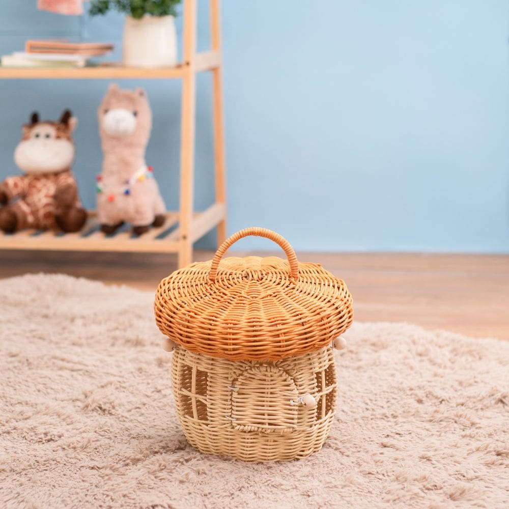 cesto organizador redondo com tampa e alça 25cm cogumelo de bambu multiuso - Oikos