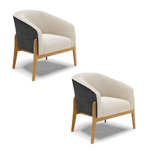 Poltrona Decorativa Base Madeira Kit 2 Stella PU Preto/Bouclê Bege D03 - D`Rossi