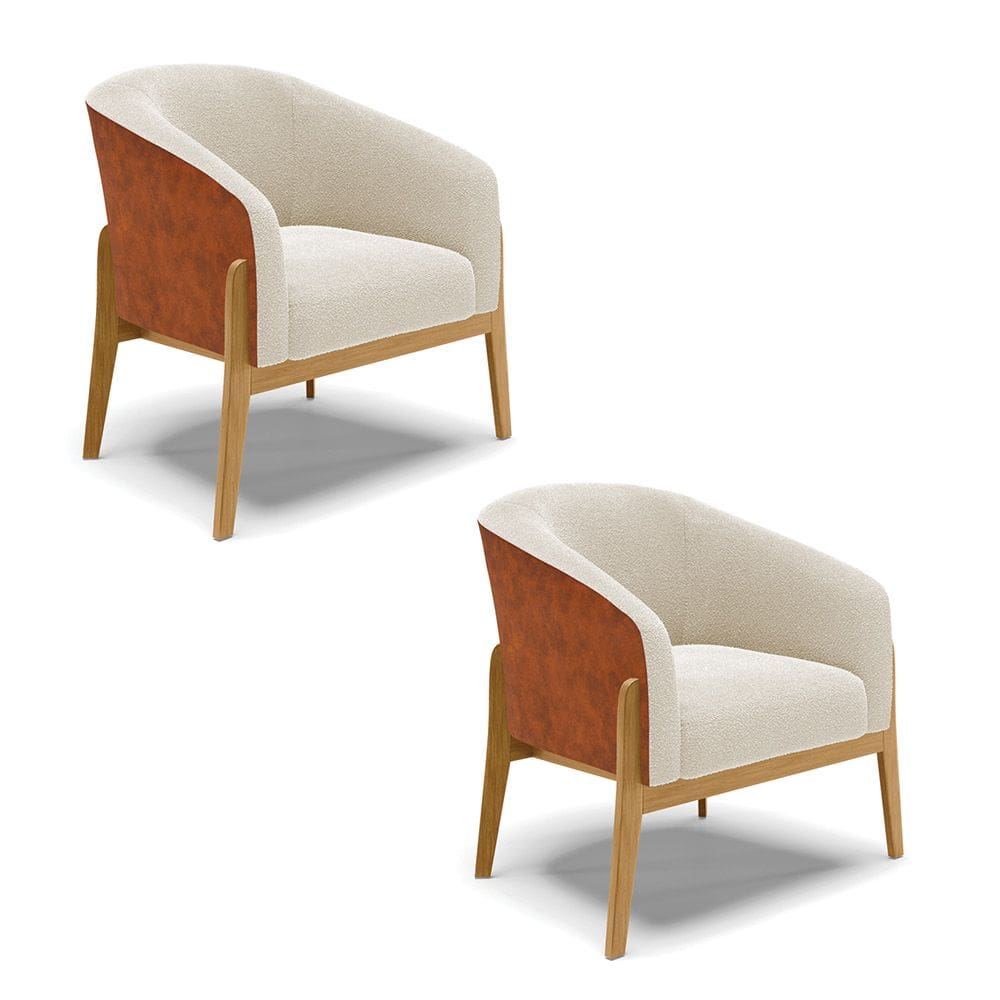 Poltrona Decorativa Base Madeira Kit 2 Stella PU Nozes/Bouclê Bege D03 - D`Rossi