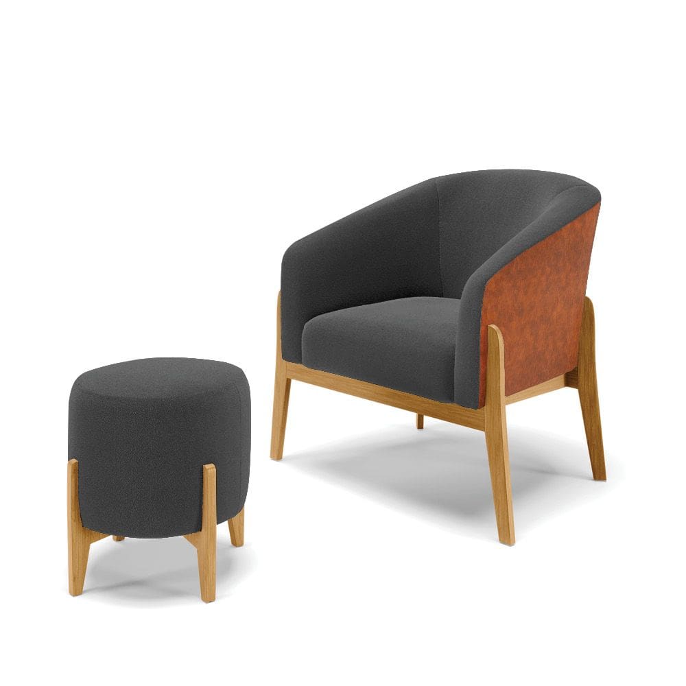 Poltrona e Puff Decorativo Base Madeira Stella PU Nozes/Bouclê Grafite D03 - D`Rossi