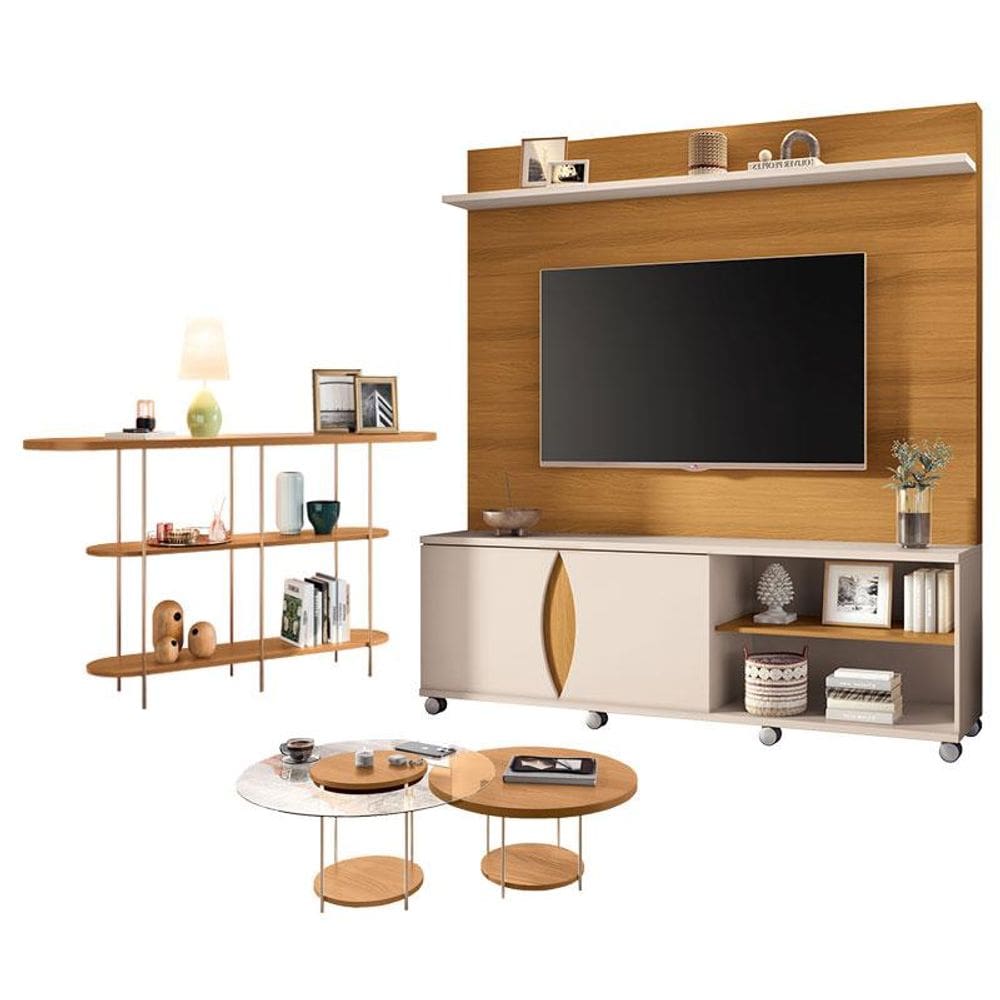 Estante Home Theater Luxor Cinamomo Off White e Aparador Infinity e Kit Mesa de Centro sky Cinamomo- HB Móveis