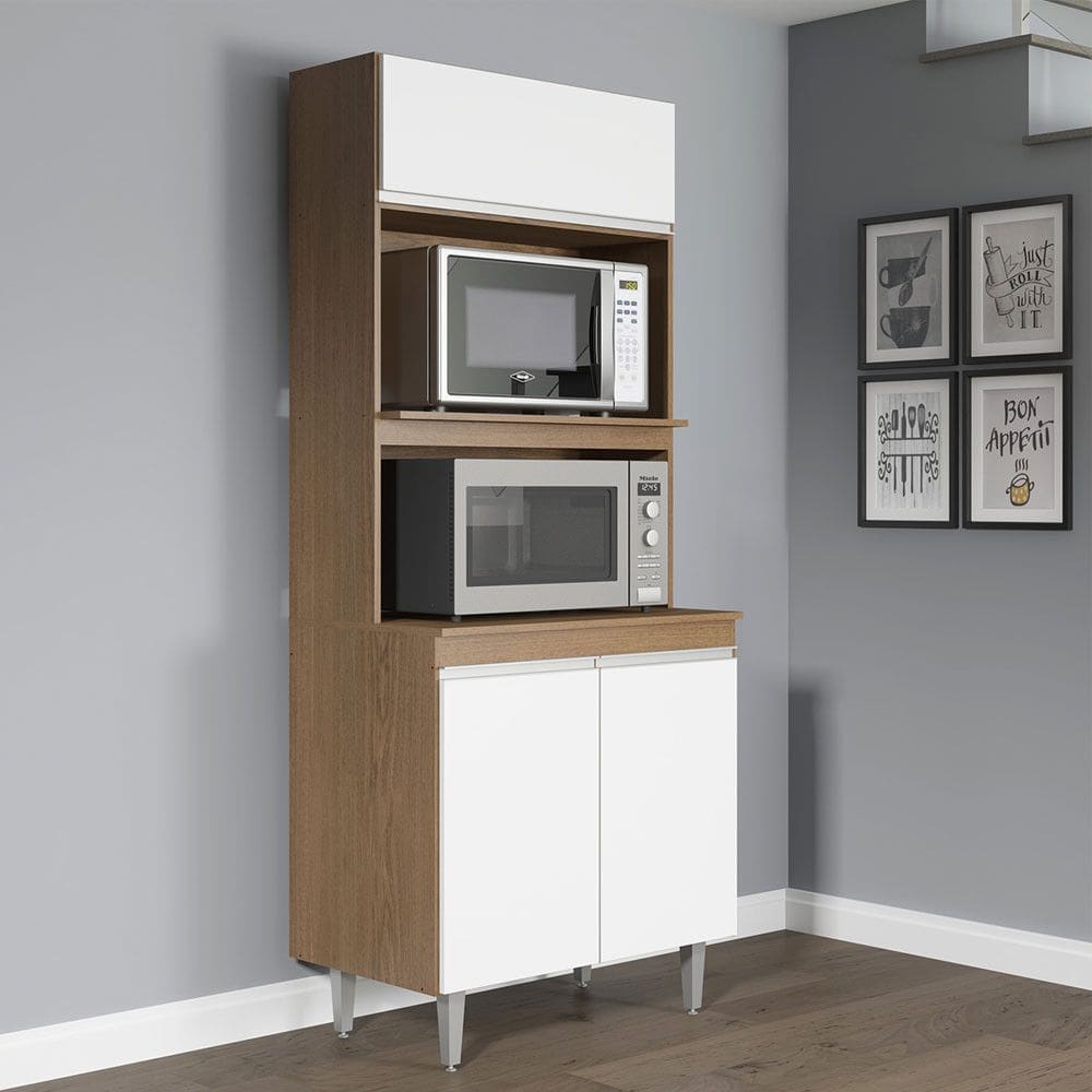 Armário de Cozinha Torre Quente Sabrina 80x202cm Nicho Forno Micro MDP Branco Avelã 0453 Menu Móveis