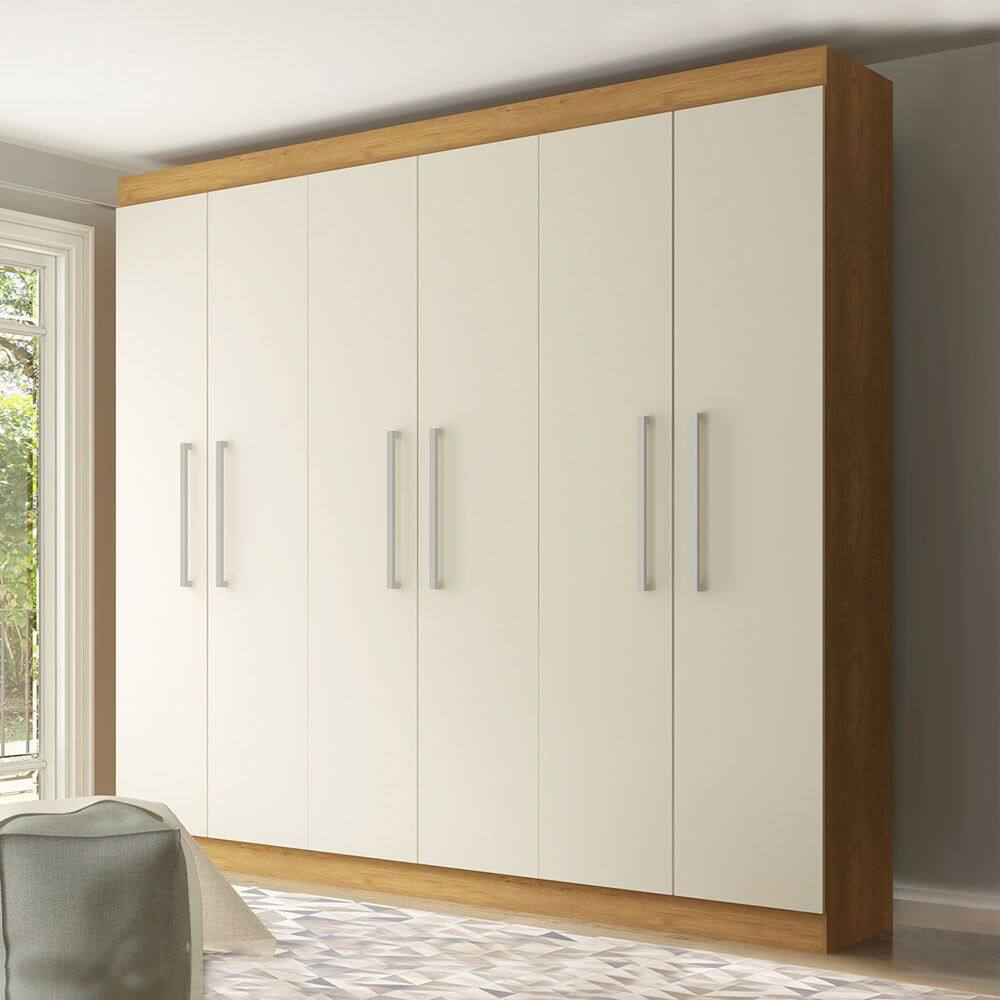 Guarda Roupa de Casal 250x230cm 6 Portas 3 Gavetas 3 Cabideiros MDP Branco Carvalho 1056 Menu Móveis