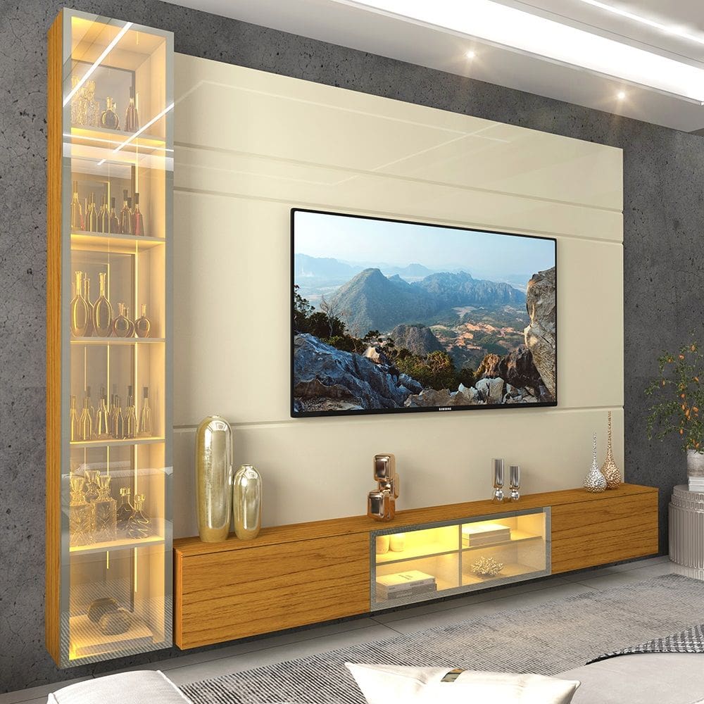 Home para TV Luminare 1 Cristaleira LED Vidro Reflecta 100% MDF Off White Naturale - Gelius
