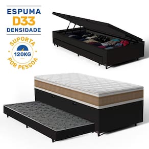 Cama Box Baú com Colchão de Espuma D33 Double Face Air Pro Força Anjos + Auxiliar Unique Solteiro 88cm