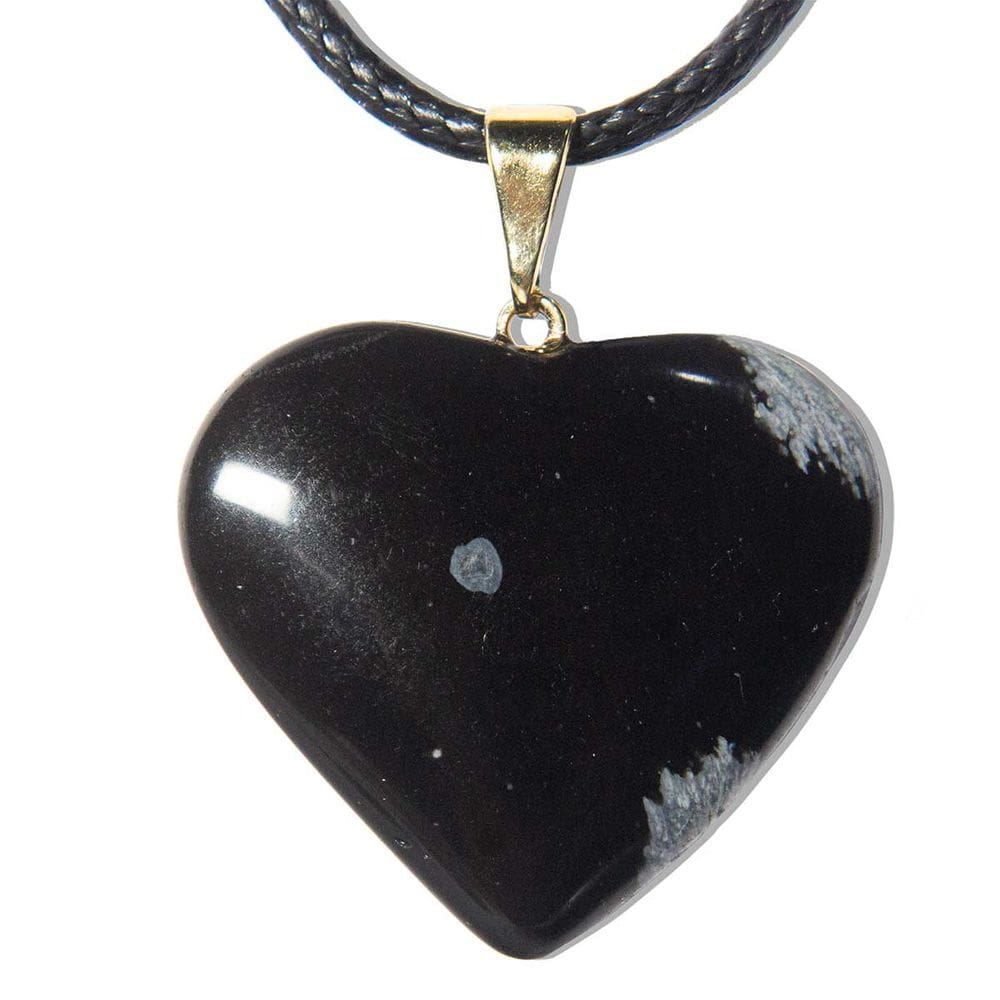 Colar Coração Obsidiana Flocos de Neve Pino Dourado