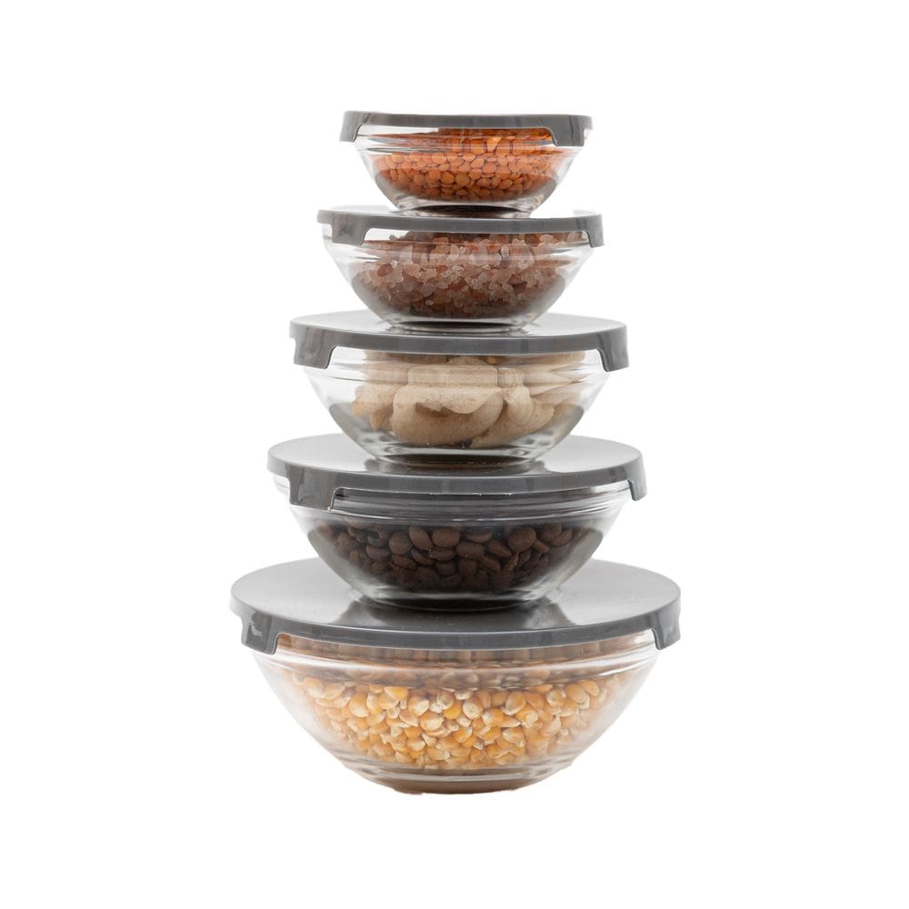 kit 5 potes de vidro com tampa de plástico empilháveis redondos bowls - Tud