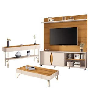 Estante Home Theater Luxor e Aparador Vivant e Mesa Cadenza Cinamomo Off White - HB Móveis