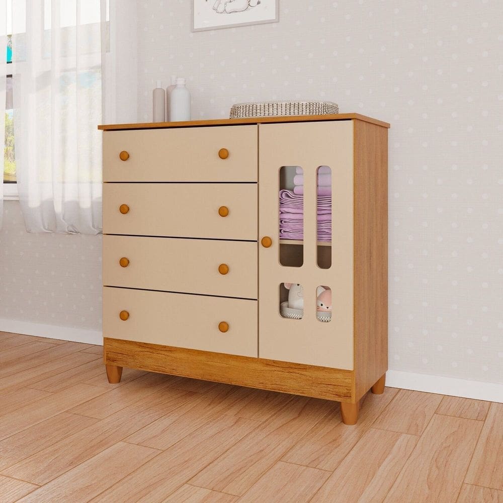 Cômoda Infantil 1 Porta 4 Gavetas Ariel Off White/Bétula