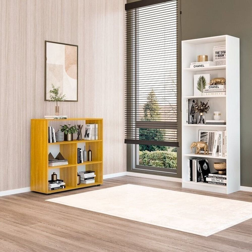 Kit com 1 Estante Livreiro 5 Nichos Montreal e 1 Estante Multiuso 5 Nichos Cairo Branco/Freijó
