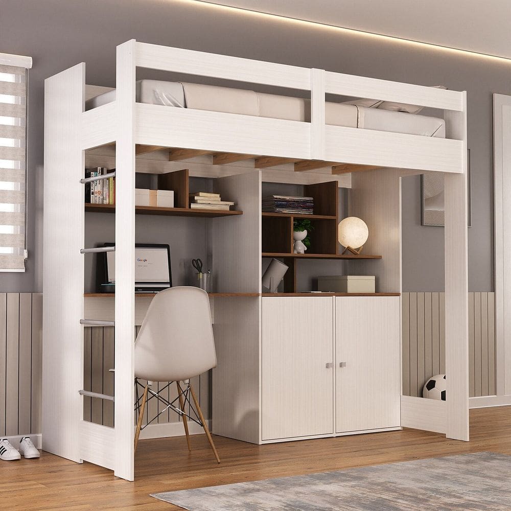 Cama de Solteiro Zwork 2 Portas com Escrivaninha Multifuncional Yescasa Branco/Nogal
