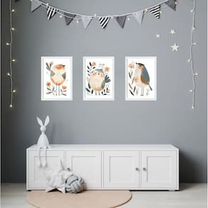 Kit 3 Quadros Quarto Infantil Tema Passarinhos 45X34Cm