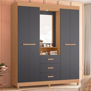 Guarda-roupa de Casal com Espelho 4 Portas e 3 Gavetas Ágata Freijó / Titanium