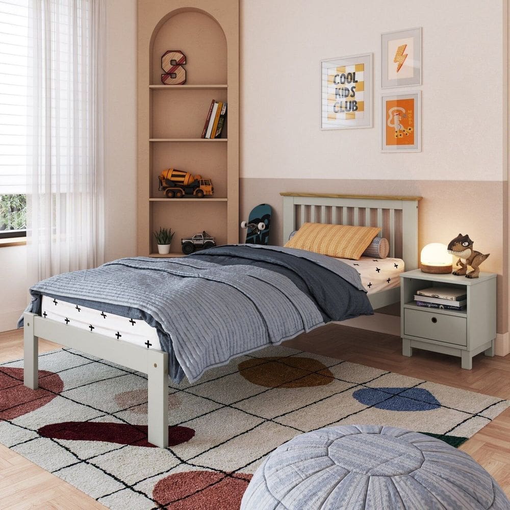 Cama de Solteiro Júlia de Madeira Maciça Verde Frost/Oak