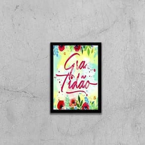 Quadro Palavra Gratidão - Floral 33X24Cm - Moldura Preta