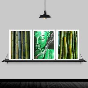 Kit 3 Quadros Feng Shui Buda Bambu 33X24Cm Moldura Branca