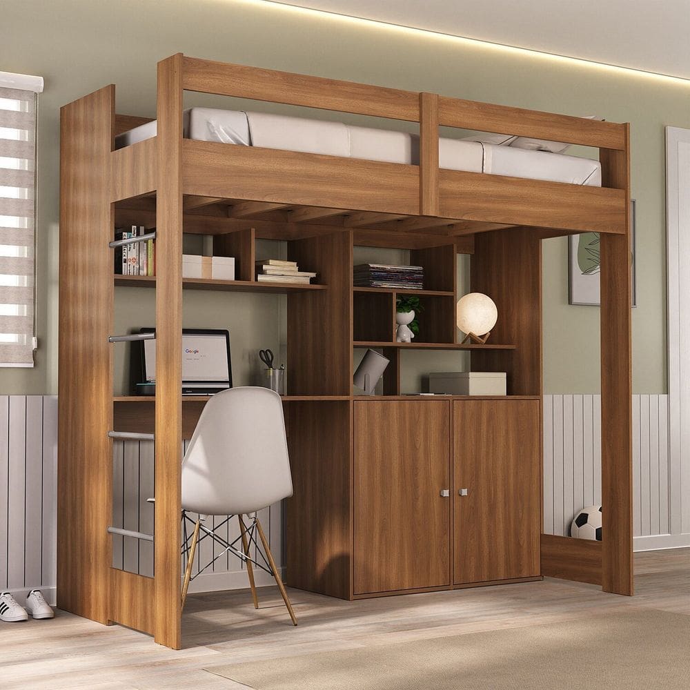 Cama de Solteiro Zwork 2 Portas com Escrivaninha Multifuncional Yescasa Nogal