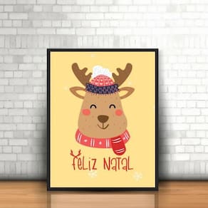 Quadro Decorativo Rena Feliz Natal 33X24cm Moldura Preta