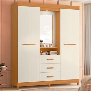 Guarda-roupa de Casal com Espelho 4 Portas e 3 Gavetas Ágata Cinamomo / Off White