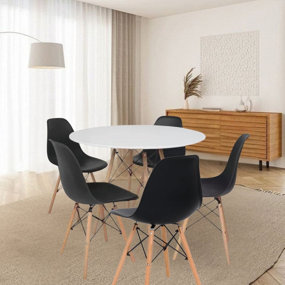 Conjunto Mesa de Jantar 120cm Redonda com 05 Cadeiras Eiffel Preto/Branco