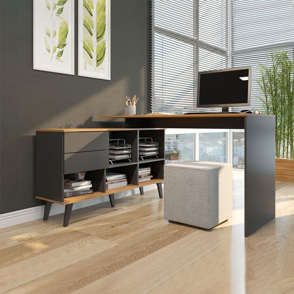 Mesa Escrivaninha em L com Estante 145x76cm 2 Gavetas MDP Carvalho Cinza Menu Móveis