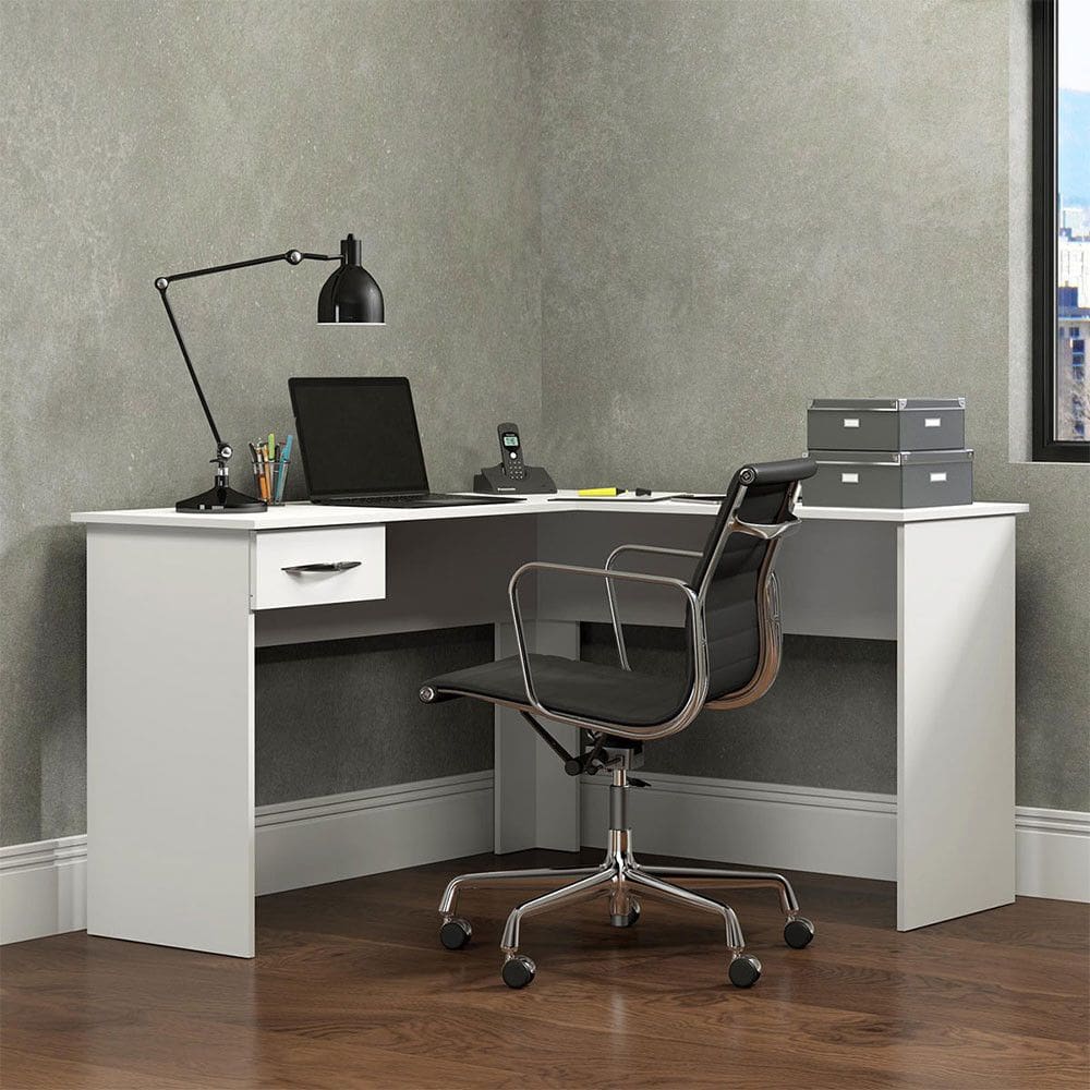 Mesa Escrivaninha de Canto para Escritório 135x76cm 74x76cm MDP Branco Menu Móveis