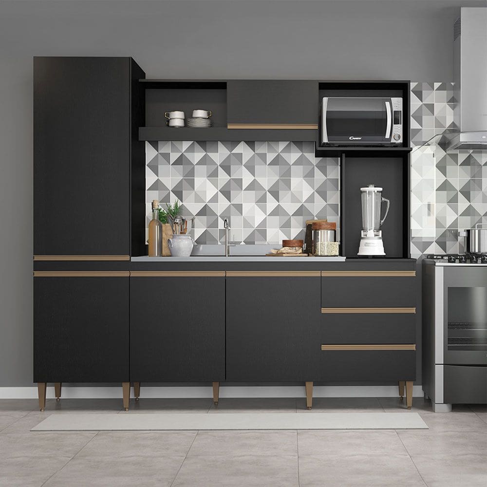 Cozinha Compacta Completa 215x203cm Balcão Pia Armário Paneleiro MDP Preto 0318 Menu Móveis