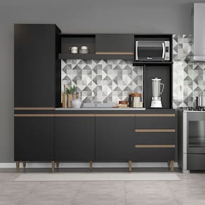 Cozinha Compacta Completa 215x203cm Balcão Pia Armário Paneleiro MDP Preto 0318 Menu Móveis