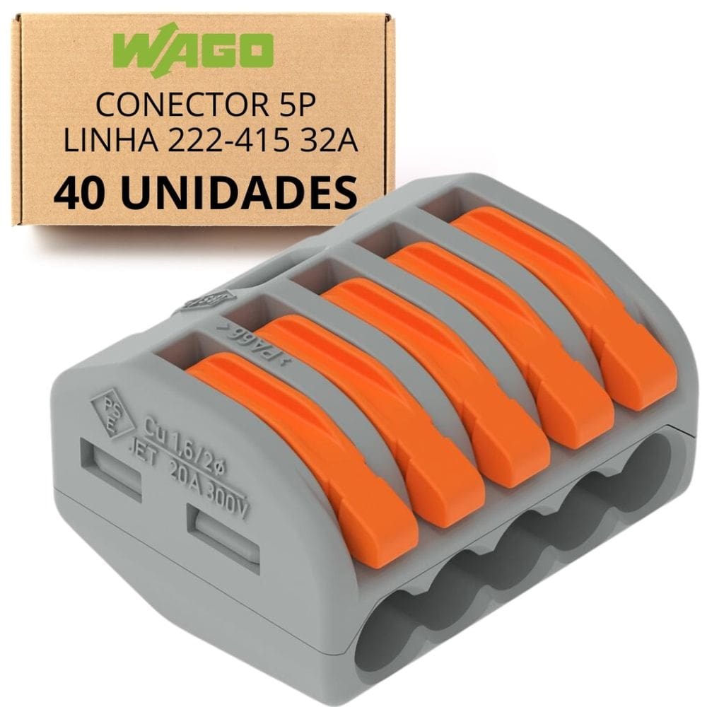 KIT C/ 40 Conector 5P Linha 222-415 32A Wago