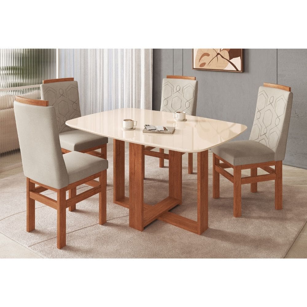 Conjunto Sala de Jantar Mesa com Tampo de Vidro 120cm e 4 Cadeiras em Madeira Maciça 185/26 Zamarchi