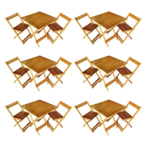 Kit 6 Conjuntos de Mesa Dobrável 70x70cm em Madeira Maciça para Restaurantes C/ 2 Cadeiras