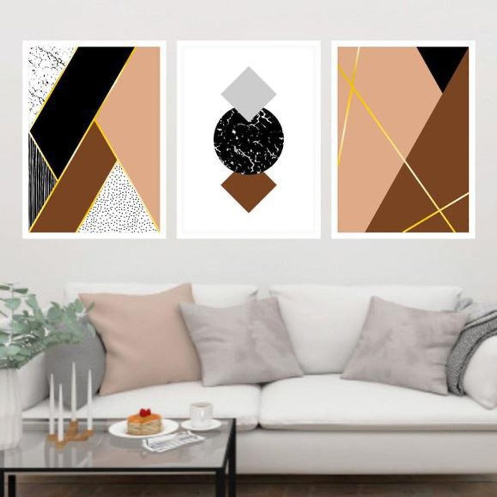 Kit 3 Quadros Geométrico Marrom E Preto 24X18Cm