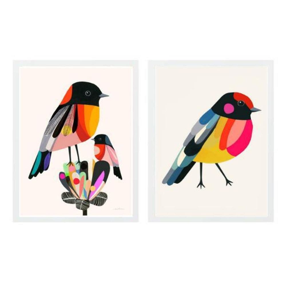 Kit 2 Quadros Passarinhos Coloridos 24X18Cm