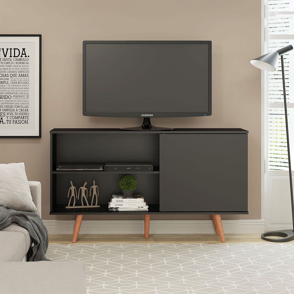 Rack Aparador Pádua para TV 50 Polegadas Retrô 136x79cm Pés Madeira MDP Preto Menu Móveis